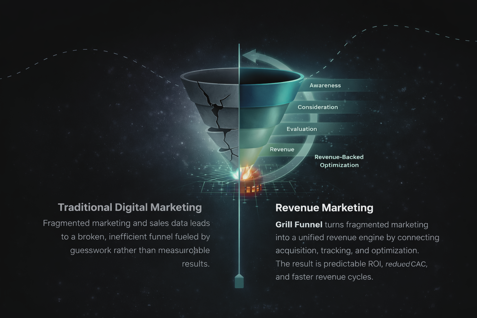 GrillFunnel - Traditional Digital Marketing vs Revenue Marketing comparison showing broken funnel versus optimized revenue funnel with Awareness, Consideration, Evaluation, and Revenue stages